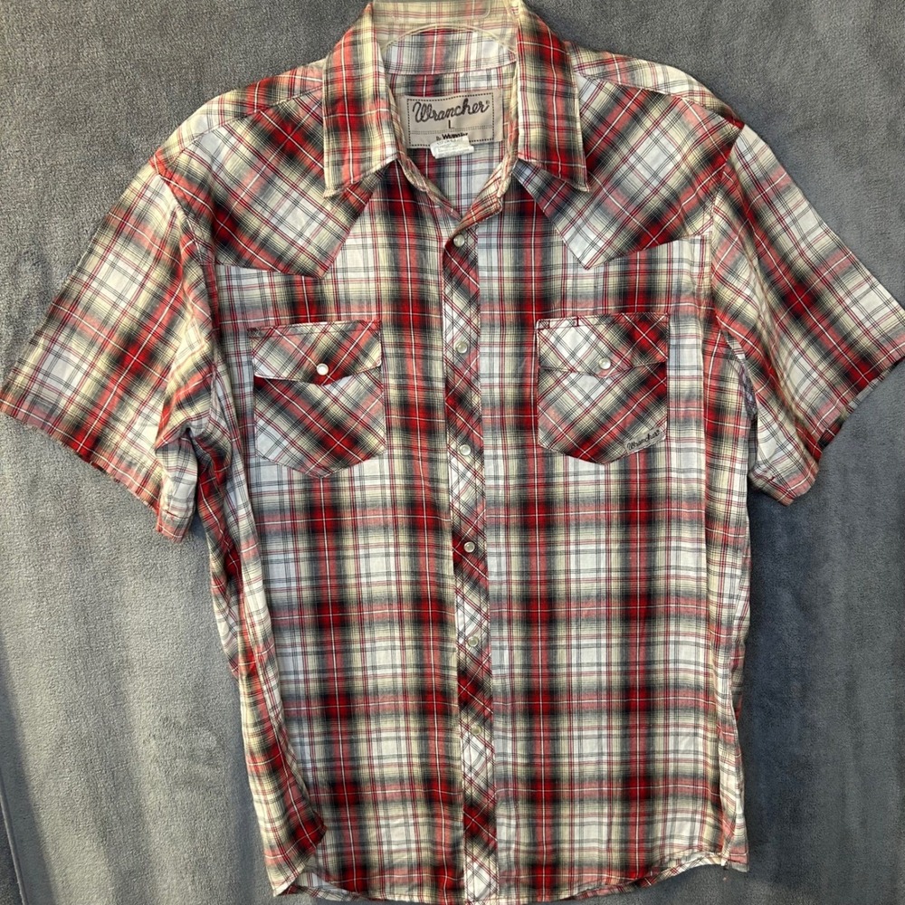 Wrangler Wrancher Mens L Red Plaid Western Pearl Snap Short Sleeve Shirt